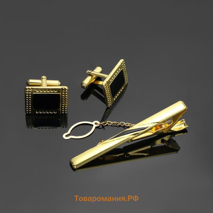Набор мужской медный «Запонки+Зажим(6 см)для галстука» точеч рисунок, прямоуг, чёрный в зол