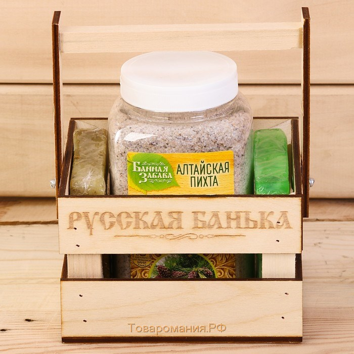 Набор банный в ящике "Русская банька": соль для бани и два косметических мыла