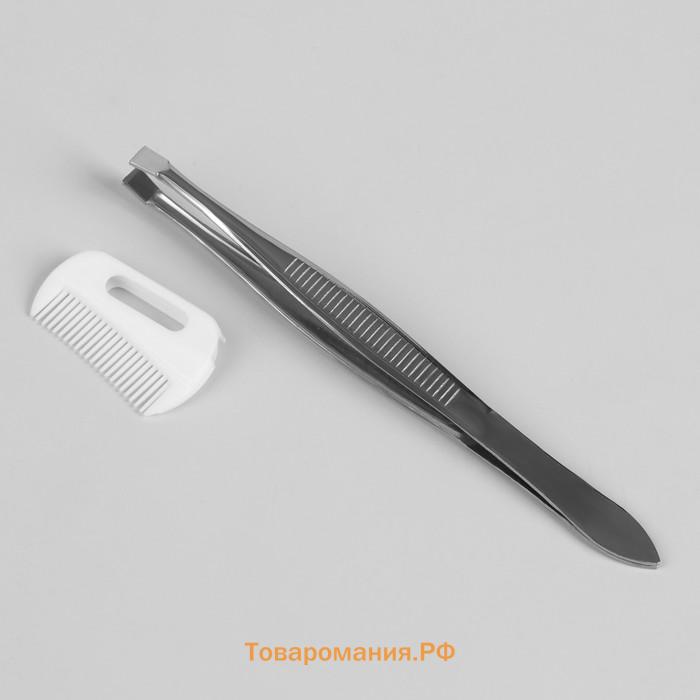 Пинцет прямой, узкий, с расчёской, 8.8 см, в чехле, МИКС