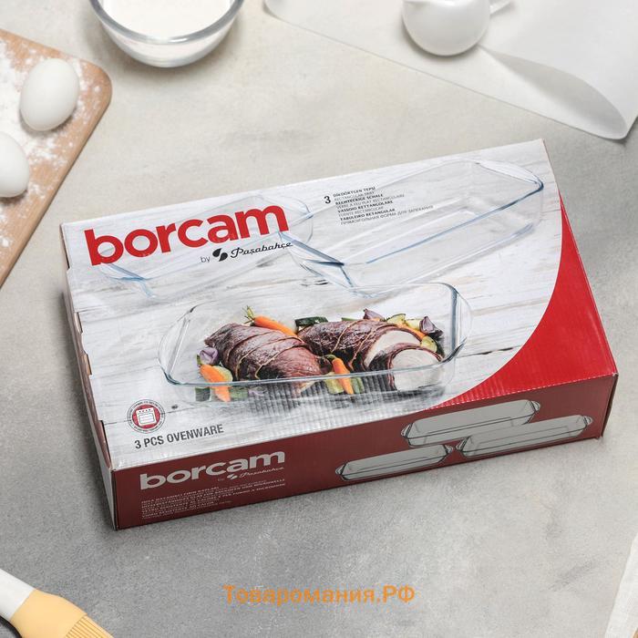 Прямоугольная посуда для запекания Paşabahçe Borcam, 3 предмета: 1,3 л, 1,95 л, 2,75 л, жаропрочное стекло, прозрачная