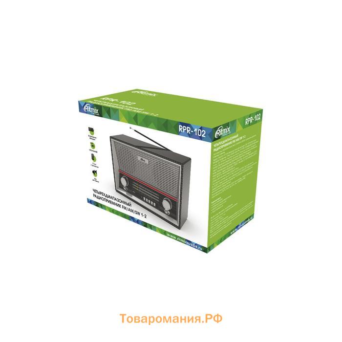 Радиоприемник RITMIX RPR-102, 220 В, Вт. IEC, USB, Jack 3.5, CEE, microSD, цвет карбон