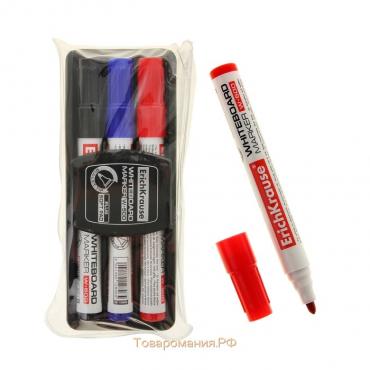Набор маркеров для доски 3 цвета, 0.8-2.2 мм, ErichKrause W-500, + губка, для письма на досках сухого стирания