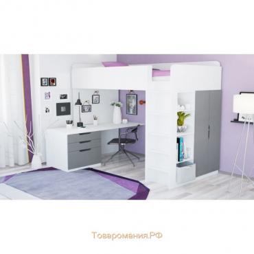 Кровать-чердак Polini kids Simple, с письменным столом и шкафом, цвет белый-серый