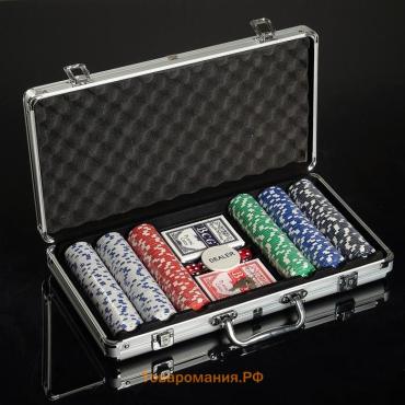 Покер в металлическом кейсе (2 колоды, фишки 300 шт. с/номиналом, 5 кубиков), 21×39,5 см
