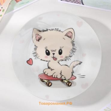 Тарелка керамическая «Котёнок на скейте», d=17,5 см, цвет белый